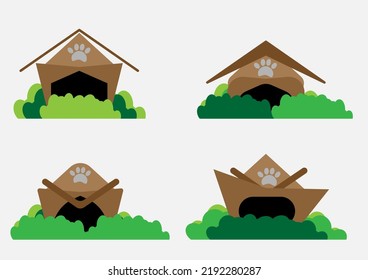 Set of training dog house with green bush. Flat cartoon vector illustration 