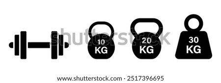 Set of training equipment dumbbell icon collection. Kettlebell, heavy, Kg bell dumbbell symbol. Vector illustration.