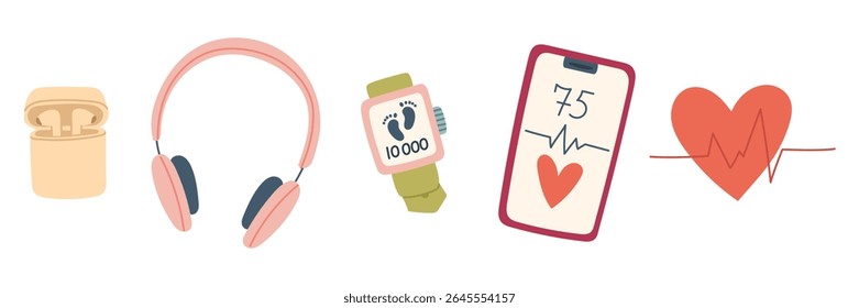 conjunto de equipamento de formação. Telefone, relógio, fones de ouvido e um coração com ritmo. Uma ilustração em cores planas. Para cartazes, menus, roupas e blogs sobre alimentação saudável, fitness e um estilo de vida esportivo