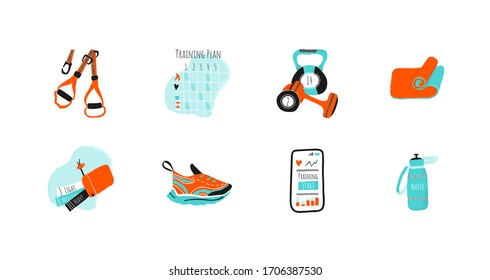 Juego de entrenamiento de equipos. Trx, alfombra de yoga, campanas de púas, zapatillas para quedarse en casa y hacer deporte. Ilustración vectorial aislada en estilo plano moderno