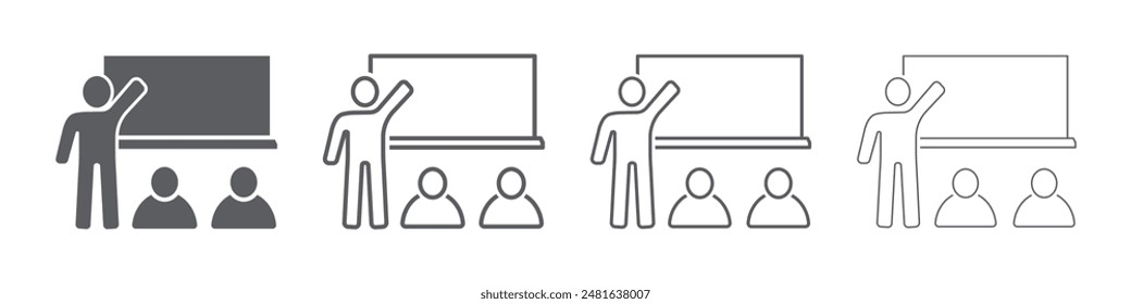 Set of training icons. Education sign, presentation, teaching, workshop, teacher, learner, classroom. Instructor symbol, conference. Vector.