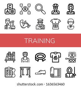 Set of training icons. Such as Abc block, Football player, Skill, Dumbbell, Active, Professor, Cyclist, T shirt, Boxer, Golf player, Bookshelf, Training, Gym equipment , training icons