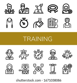 Set of training icons. Such as Weighlifter, Skipping rope, Coach, Stopwatch, Stationary bike, Heavy, Trampoline, Training, Football player, Boxer, Golfer, Student , training icons