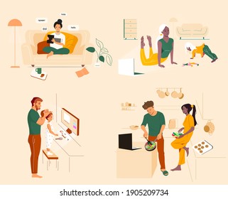 
Set training online vector. People study remotely at home