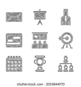 Set Training, presentation, Award cup, Hierarchy organogram chart, Target with arrow, Calendar, Chat messages laptop, Worker and Envelope icon. Vector