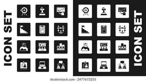 Set Training, presentation, Clipboard with checklist, Stair finish flag, Target arrow, Project team base, Stage stand or tribune, Ranking star and Mountains icon. Vector