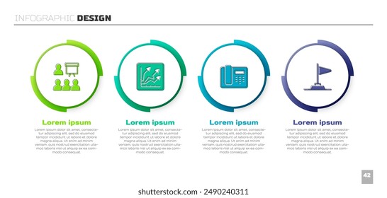 Set Training, presentation, Financial growth increase, Telephone 24 hours support and Flag. Business infographic template. Vector