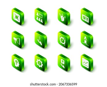 Set Training, presentation, Project team base, Identification badge, Speaker, Financial growth increase, Alarm clock, Light bulb and Gear with dollar icon. Vector