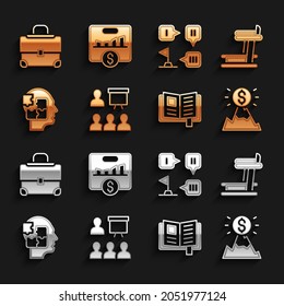 Set Training, presentation, Treadmill machine, Mountains with flag, Reading book, Head puzzles strategy, Planning, Briefcase and Key performance indicator icon. Vector