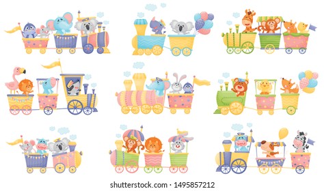 Set of trains and cars with animals. Vector illustration on a white background.