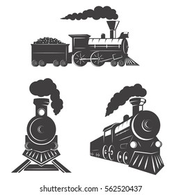 Set of trains icons isolated on white background. Design elements for logo, label, emblem, sign, brand mark. Vector illustration.