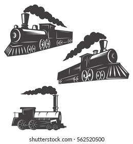 Set of trains icons isolated on white background. Design elements for logo, label, emblem, sign, brand mark. Vector illustration.