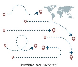Set the trajectory and flight paths of the aircraft. Isolated on white background. Vector illustration.