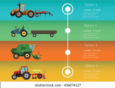 Set of the traktors and harvesters. Agricultural illustration in flat design style vector.