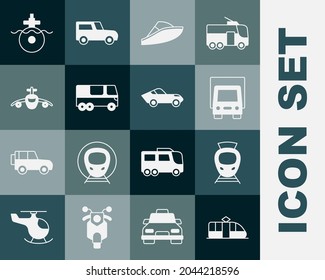 Set Tram and railway, Delivery cargo truck, Speedboat, Bus, Plane, Submarine and Car icon. Vector