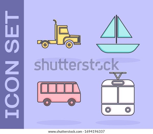 Set Tram and\
railway, Delivery cargo truck vehicle, Bus and Yacht sailboat or\
sailing ship icon. Vector