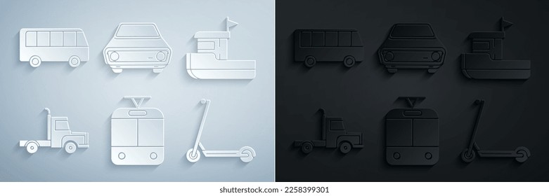 Fijar el tranvía y el ferrocarril, el barco pesquero, el vehículo de carga de envío, el Scooter, el automóvil y el icono del autobús. Vector