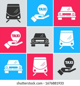 Set Tram and railway, Hand on map pointer with taxi and Car icon. Vector