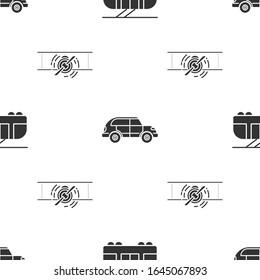 Set Tram and railway, Hatchback car and Old retro vintage plane on seamless pattern. Vector