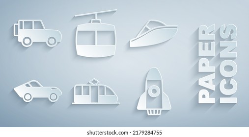 Set Tram and railway, Speedboat, Car, Rocket ship, Cable car and Off road icon. Vector