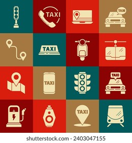 Set Tram and railway, Taxi car, Cable, Laptop with location marker, roof, Route, Traffic light and Scooter icon. Vector