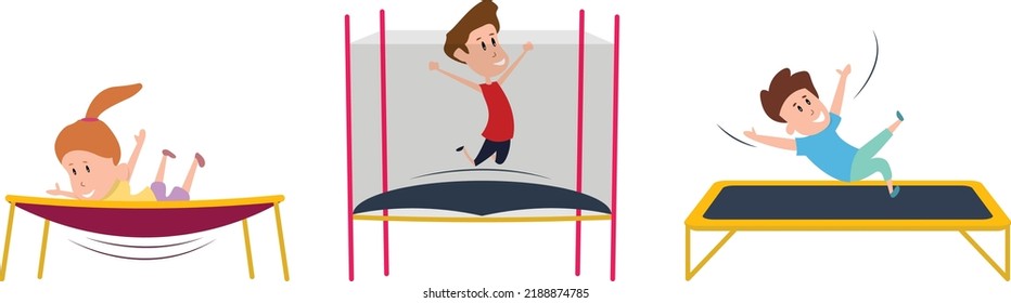 Set of trampolines with children in cartoon style. Vector illustration of children's entertainment for girls and boys on white background.