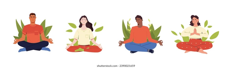 Set of tranquil people. Men and women in lotus position. Yoga and stretching, active lifestyle. Mindfulness and calmness. Cartoon flat vector collection isolated on white background