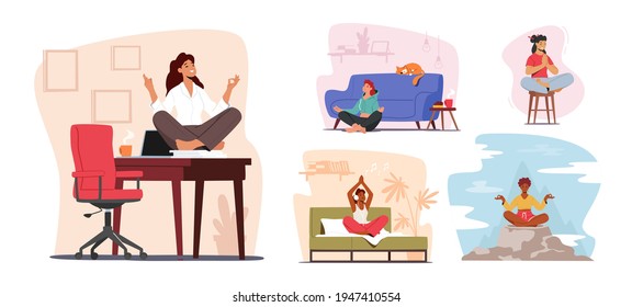 Set of Tranquil Woman Meditating at Home and Office. Healthy Lifestyle, Relaxation Emotional Balance Concept with Female Characters Sit in Lotus Posture Doing Yoga, Relax. Cartoon Vector Illustration