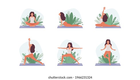 Set of tranquil women with closed eyes meditating in yoga postures. Meditation practice. Concept of zen and harmony. Flat vector illustration isolated on white