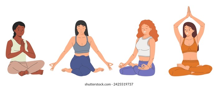 Set of tranquil women with closed eyes and croosed legs meditating in yoga lotus posture. Meditation practice. Concept of zen and harmony. Colored flat vector illustration isolated on white background