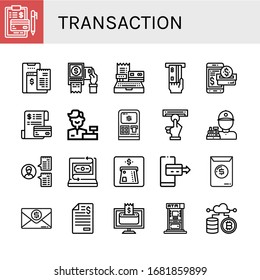 Set von Transaktionssymbolen. B. Rechnungsstellung, Online-Zahlung, Zahlungsterminal, Kassierer, Atm, Smartphone-Zahlung, Fintech, Kryptowährung, Transaktionssymbole