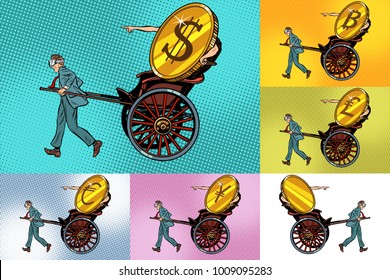 Establecer la transferencia de criptomonedas, bitcoin dólar y otro dinero. Rickshaw envío Finanzas. Ilustración vectorial retro de arte Pop