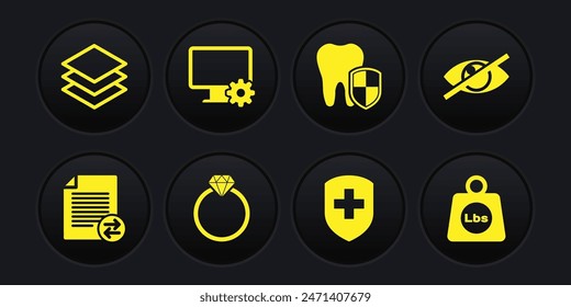 Set Transfer files, Invisible or hide, Diamond engagement ring, Medical shield with cross, Dental protection and Computer monitor and gear icon. Vector