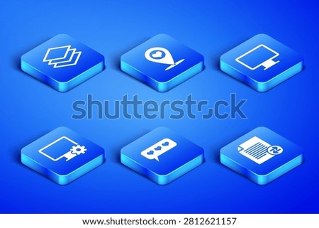 Set Transfer files, Layers, Like and heart, Computer monitor gear, Map pointer with and screen icon. Vector