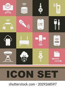Set Transfer files, Mobile with wi-fi wireless, USB cable cord, No audio jack, Wireless microphone, Smart headphones system, Tv and LTE network icon. Vector