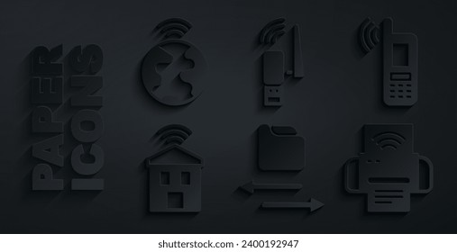 Set Transfer files, Mobile with wi-fi wireless, Smart home, printer system, Usb adapter and Global technology icon. Vector