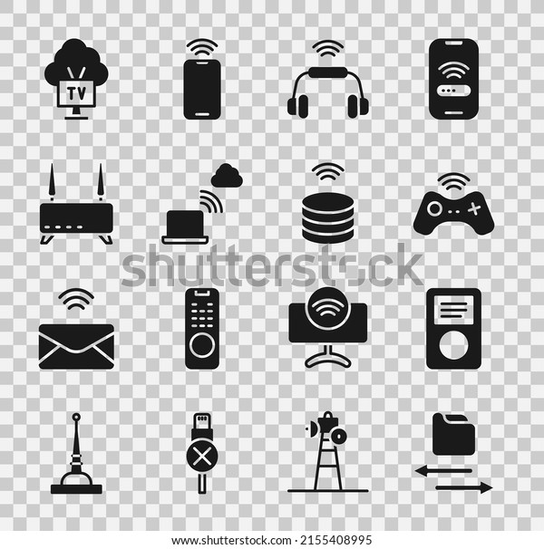 Set Transfer files, Music\
player, Wireless gamepad, Smart headphones system, Network cloud\
connection, Router and wi-fi signal, Tv and data server icon.\
Vector