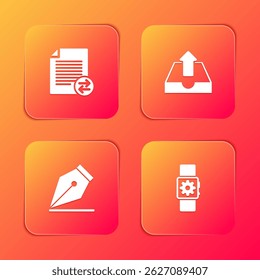 Set Transfer files, Upload inbox, Fountain pen nib and Smartwatch setting icon. Vector