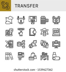 Set of transfer icons. Such as Exchange, Cloud computing, Network, Atm, Credit card, Online banking, File, Fintech, Hosting, Global network, Transaction, Online payment , transfer icons