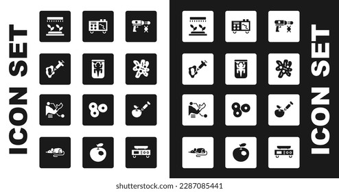Set Transfer liquid gun, Experimental animal, Syringe, Automatic irrigation sprinklers, Cell, Spectrometer, Genetically modified apple and Prosthesis hand icon. Vector