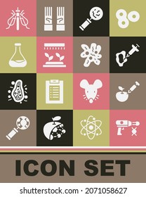 Set Transfer liquid gun, Genetically modified apple, Syringe, Microorganisms under magnifier, Automatic irrigation sprinklers, Test tube and flask, Experimental insect and Cell icon. Vector