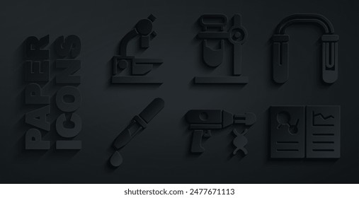 Pistola de líquido de transferencia, tubo de ensayo y frasco, pipeta, registro clínico, en el soporte e icono de microscopio. Vector