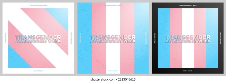 Set of Transgender Awareness Week Concept Greeting Cards. Trans pride flag background with with sunlight and lettering. Trans Rights, out and proud. Celebrate love. Vector Illustration. 