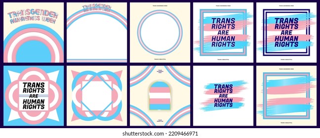 Serie de tarjetas de felicitación de la Semana de Concienciación Transgénero, plantilla de publicación de medios sociales y obras de arte motivacionales. Los derechos transexuales son derechos humanos. Los colores del orgullo transgénero. Ilustración de vectores editable. 