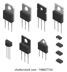 Set of transistors of different shapes isolated on white background. Elements design of electronic components. 3D isometric style, vector illustration.