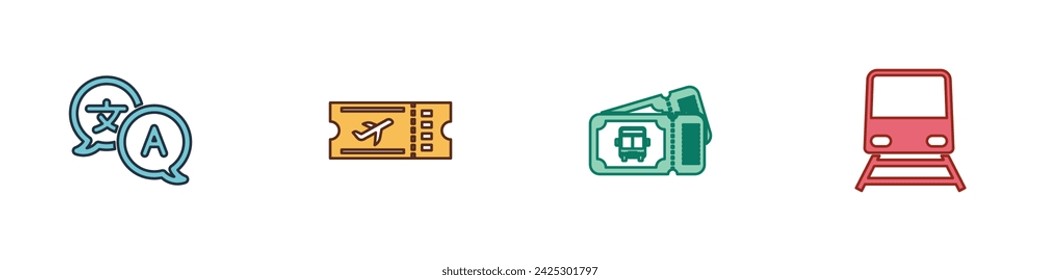 Set Translator, Airline ticket, Bus and Train icon. Vector