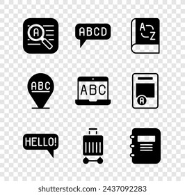 Set Traductor, Alfabeto, libro, Hola en diferentes idiomas, Maleta, Cuaderno, y el extranjero icono de estudio en línea. Vector