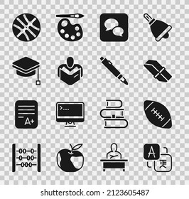 Set Translator, American football ball, Eraser rubber, Speech bubble chat, Man reading book, Graduation cap, Basketball and Marker pen icon. Vector