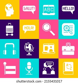 Set Translator book, Briefcase, Foreign language online study, Hola different languages, Suitcase, Learning foreign and Magnifying glass icon. Vector