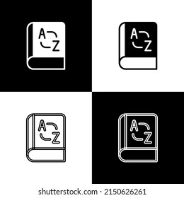 Establece el icono del libro del traductor aislado en fondo blanco y negro. Iconos de conversación en idioma extranjero en la burbuja de habla de chat. Traducción del concepto. Vector
